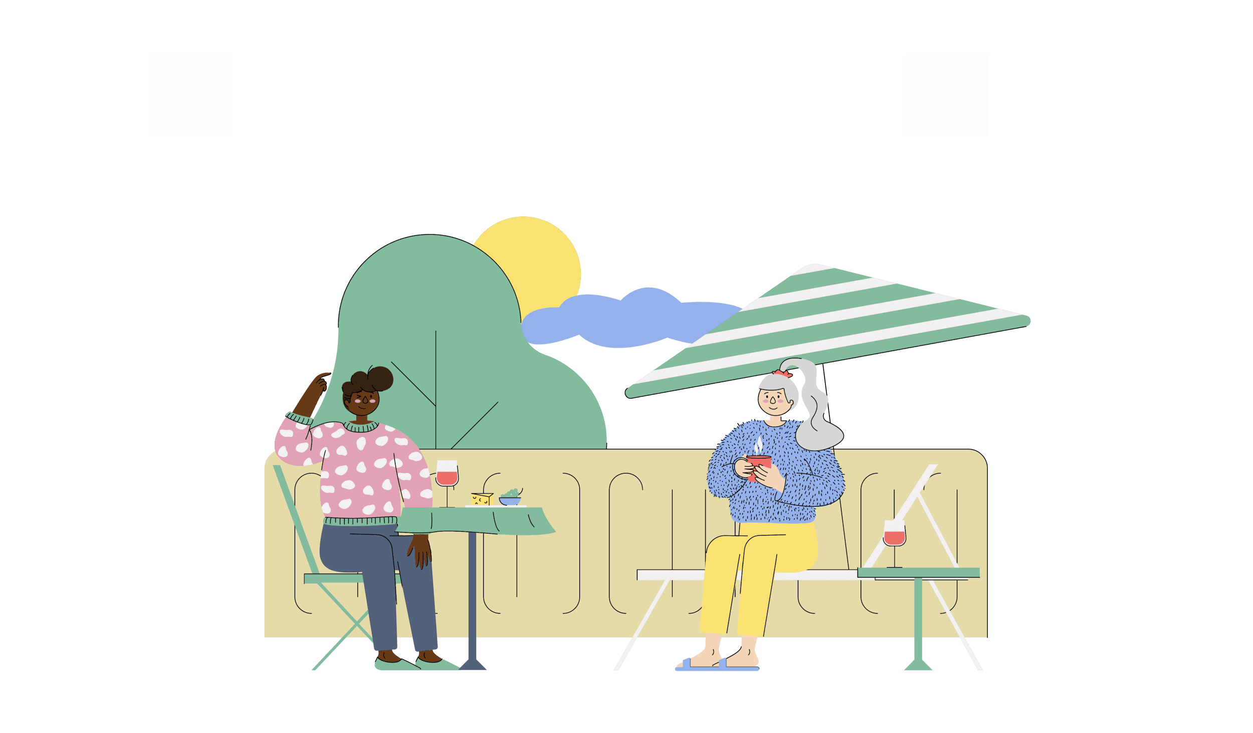 Two people meeting at a café abroad